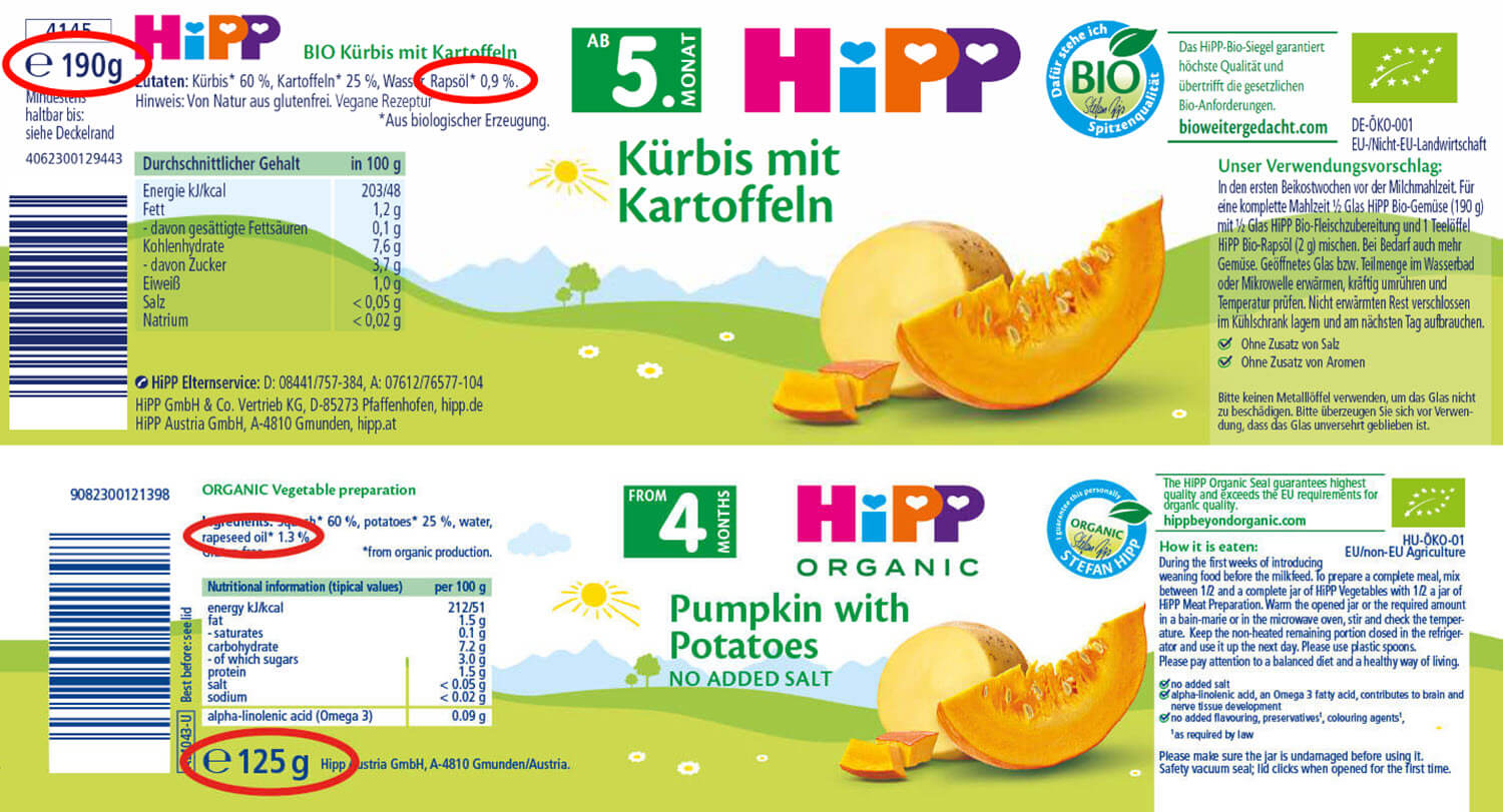 Two product labels for organic baby food, one labeled as 'Kürbis mit Kartoffeln' (Pumpkin with Potatoes) and the other as 'Pumpkin with Potatoes', both marked as suitable for babies aged 4 months and priced at €125g and €190g respectively.